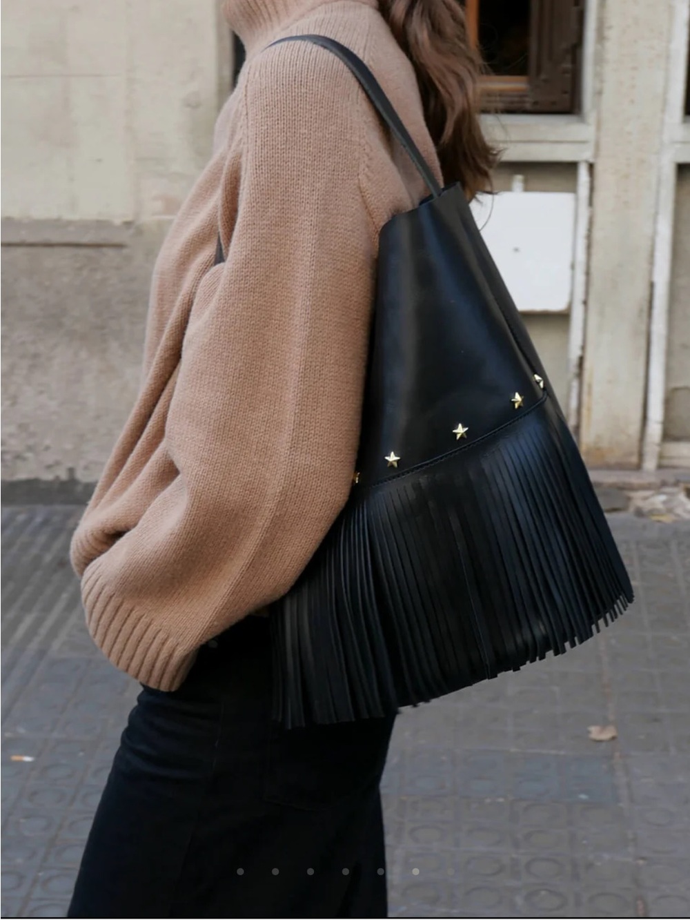 Black Fringe Leather Bucket Bag